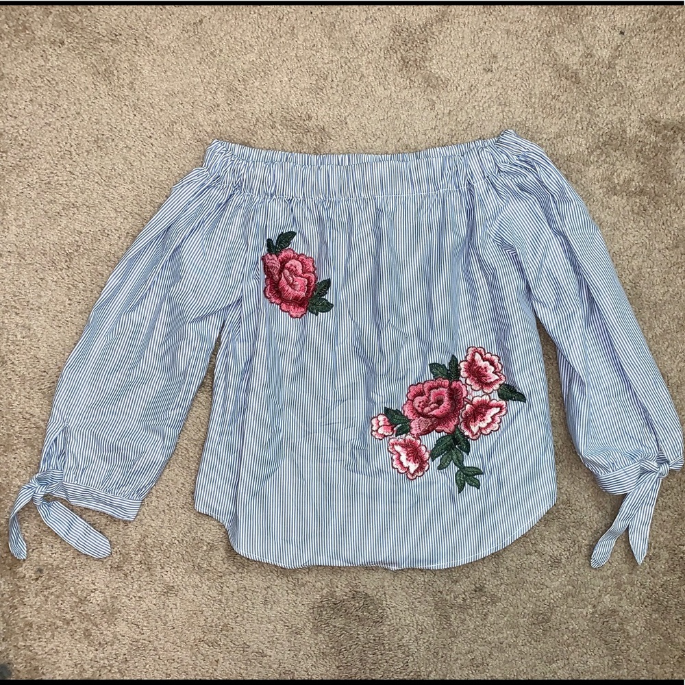 Off the shoulder blouse with embroidered roses